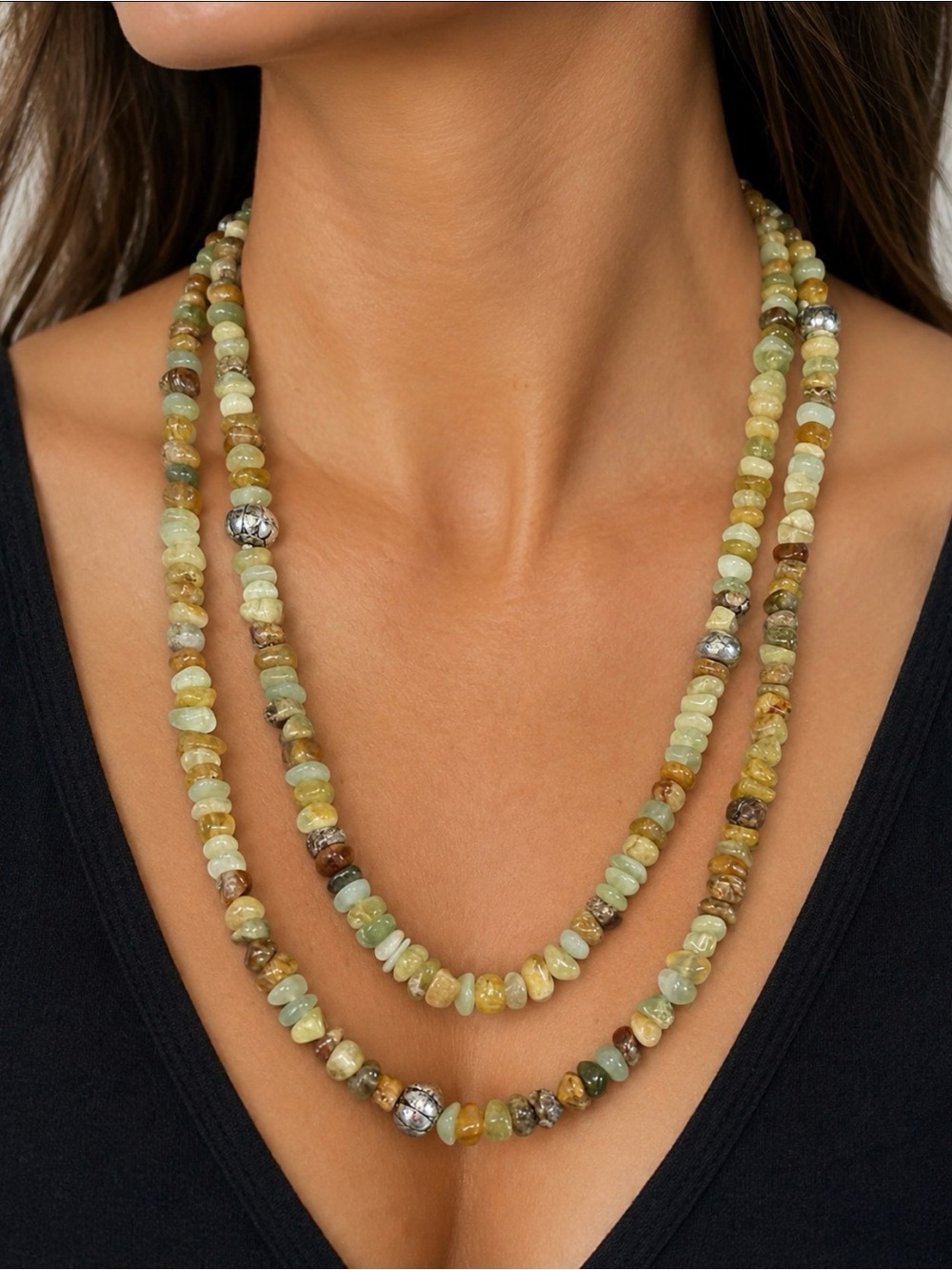 Multi-Strand Green and Earth Tone Beaded  Stone Necklace approx 44” - Picture 3 of 12